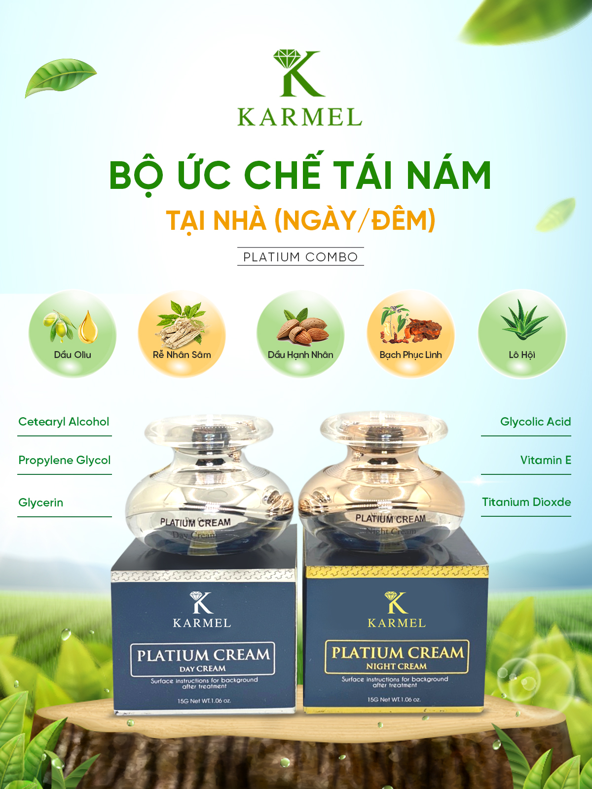 Bộ Ức Chế Tái Nám Tại Nhà Ngày Đêm Karmel Platium Combo 2 Lọ 15g