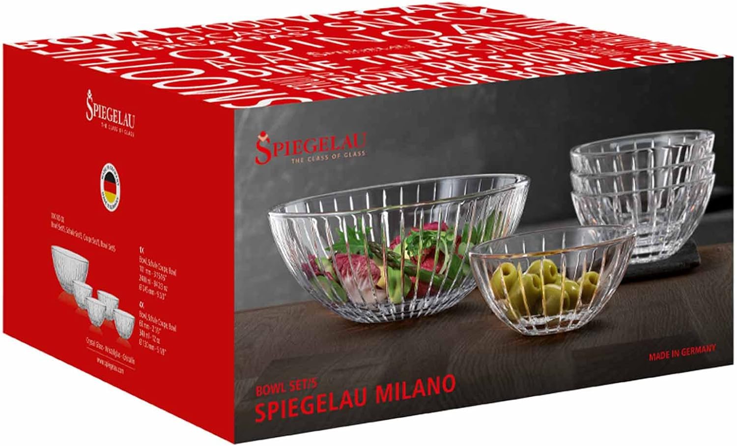 Set 5 bát Spiegelau Milano 2730195 Salad Bowls (gồm 1 bát lớn 24,5cm + 4 bát nhỏ 13cm) Hàng chính hãng