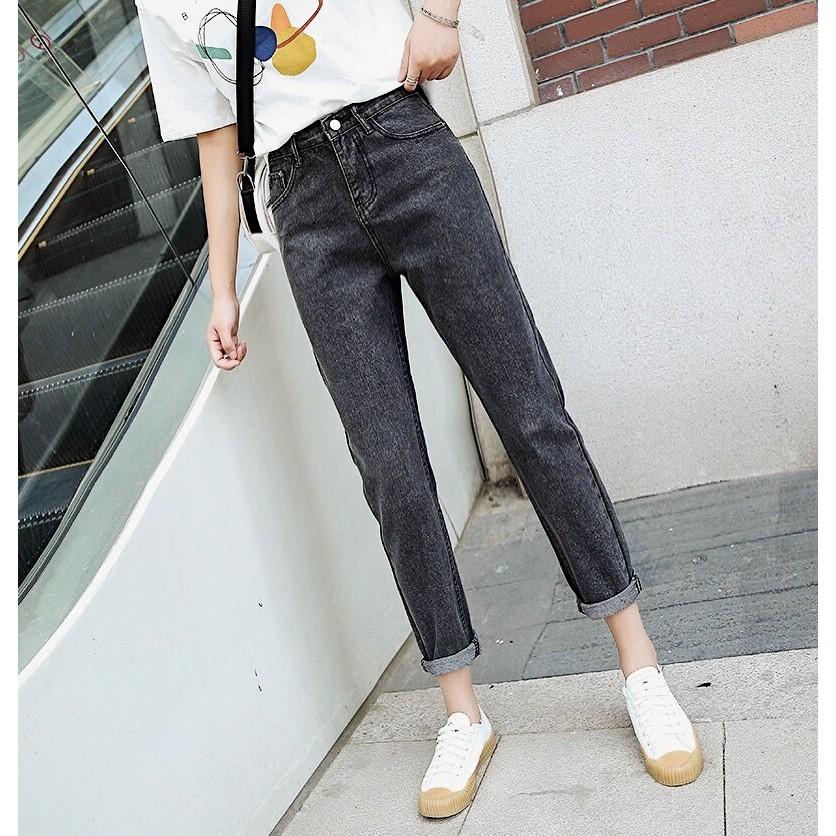 Quần jean baggy cotton lưng cao bigsize màu xám - quần bò baggy cotton lưng cao size đại màu xám