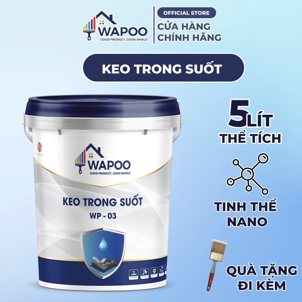 Keo Chống Thấm Trong Suốt Wapoo WP-03, Dung Tích 5L - Chống Thấm Nền Gạch, Sàn Nhà, Nhà Vệ Sinh, Cửa Gỗ, Gỗ Công Nghiệp