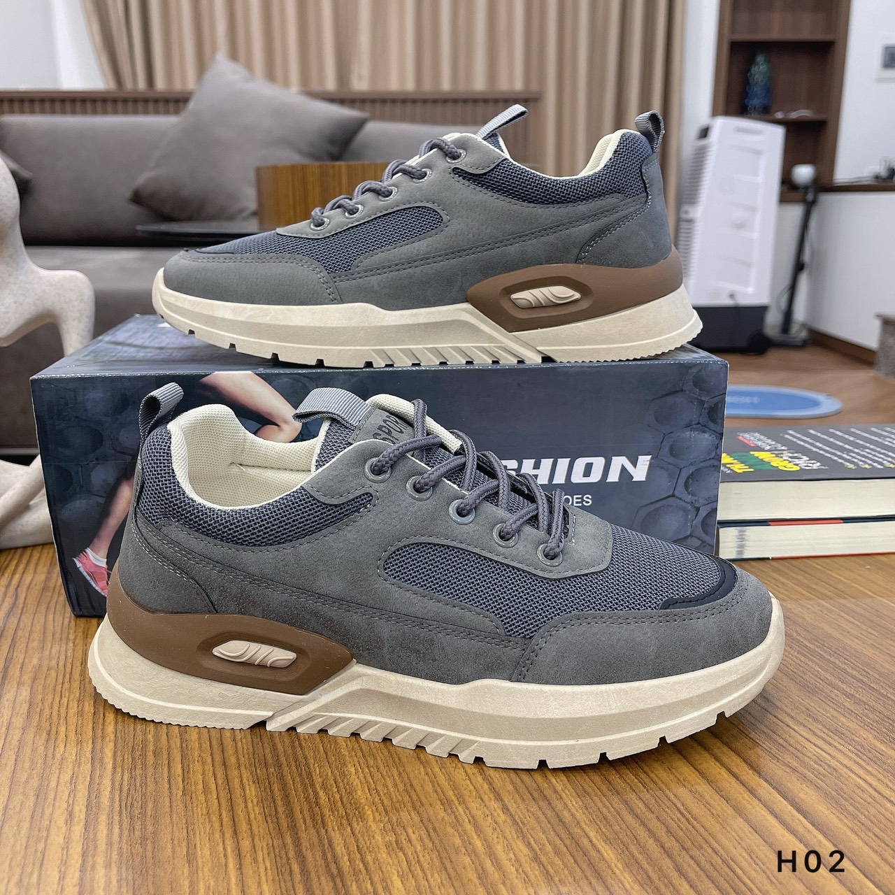 Giày thể thao nam, giày sneaker nam 2 màu xám và kem - H02