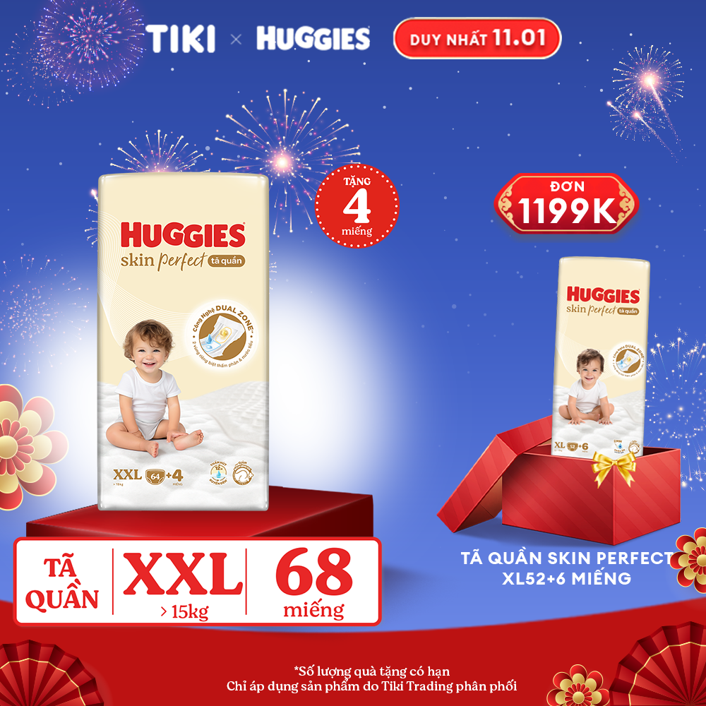 Tã quần Huggies Skin Perfect Mega Jumbo XXL64+4 miếng với 2 vùng thấm giảm kích ứng da
