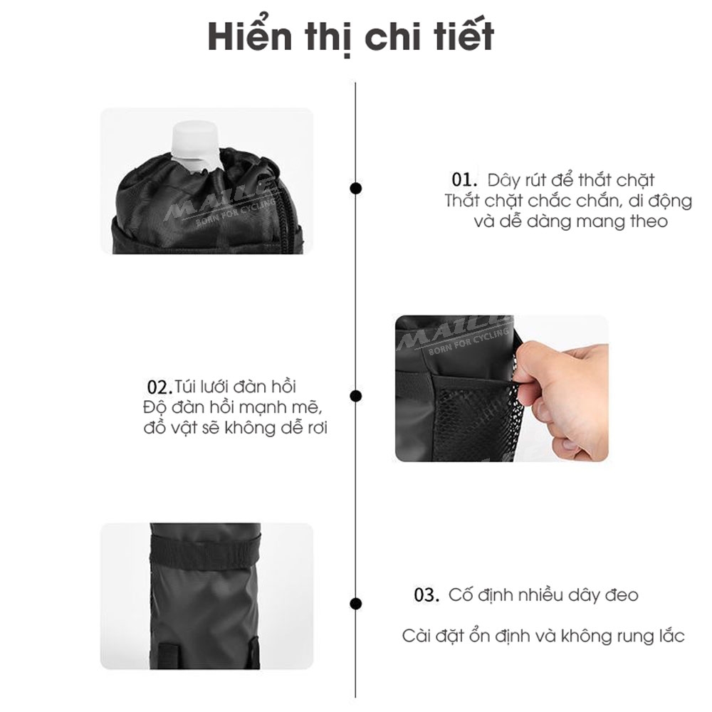 Túi đựng bình nước cho xe đạp, giữ nhiệt (loại lớn) TGN-07 gắn tay lái xe đạp, phù hợp nhiều kích thước, gắn 3 điểm nhiều vị trí - Mai Lee