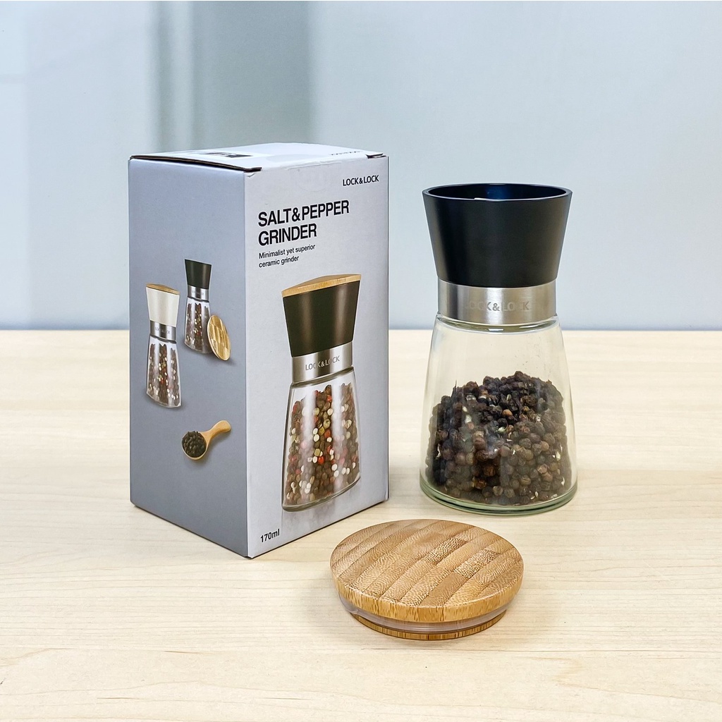 Hũ xay tiêu thủy tinh Lock&amp;Lock 140-170ml CKO115WHT CKO116BLK, Hàng chính hãng, lưỡi nghiền sứ, thép không gỉ - JoyMall