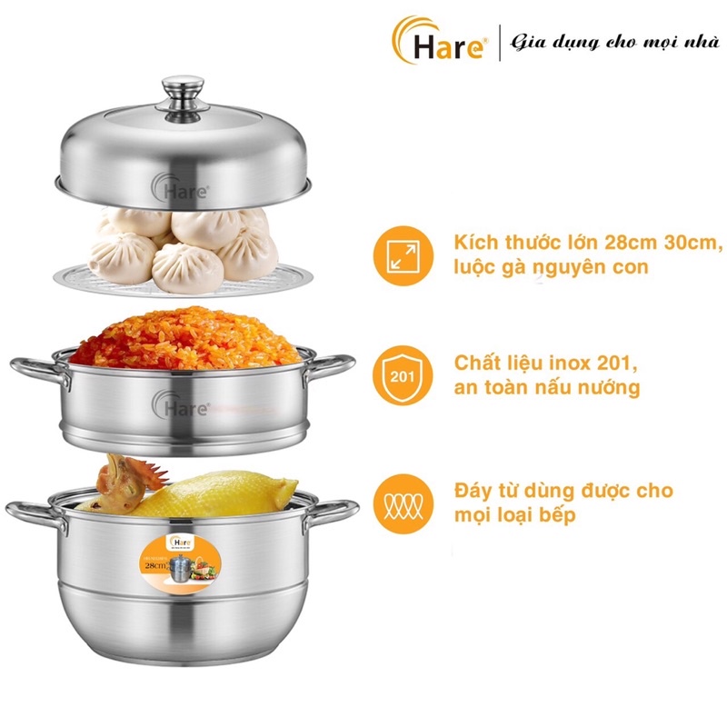 Bộ nồi hấp inox cao cấp đáy từ 3 tầng vung kính - thương hiệu Hare -  lỗi 1 đổi 1