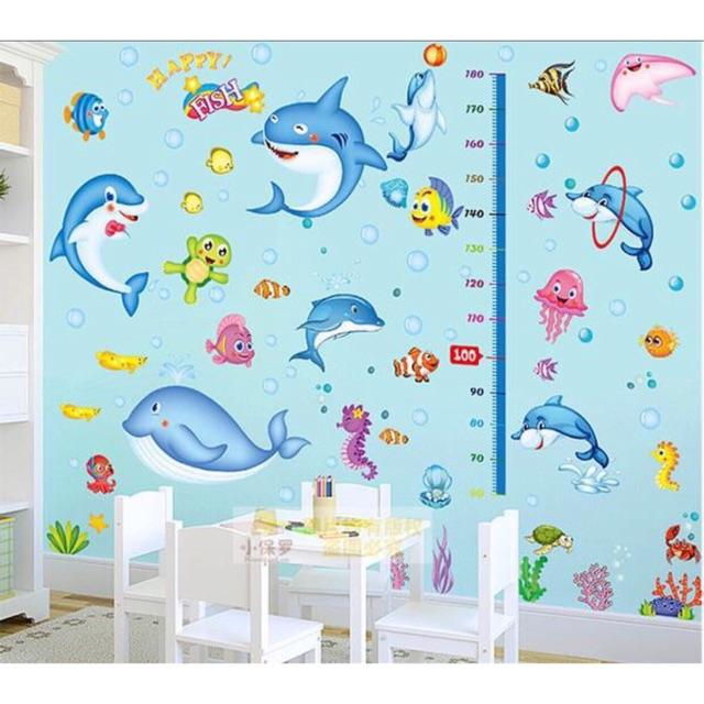 BỘ COMBO DECAL GHÉP ĐÔI dán tường - Thước Đo Cá Heo và Cá Mập xanh