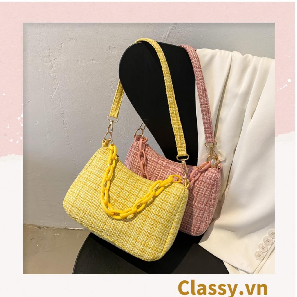 Túi Kẹp Classy nách dây xích màu trà sữa kiểu dáng Vintage phong cách Retro chất liệu vải tuýt sang trọng