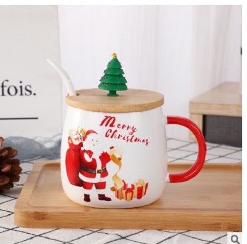 Ly sứ noel 480ml có muỗng sứ và nắp gỗ dễ thương