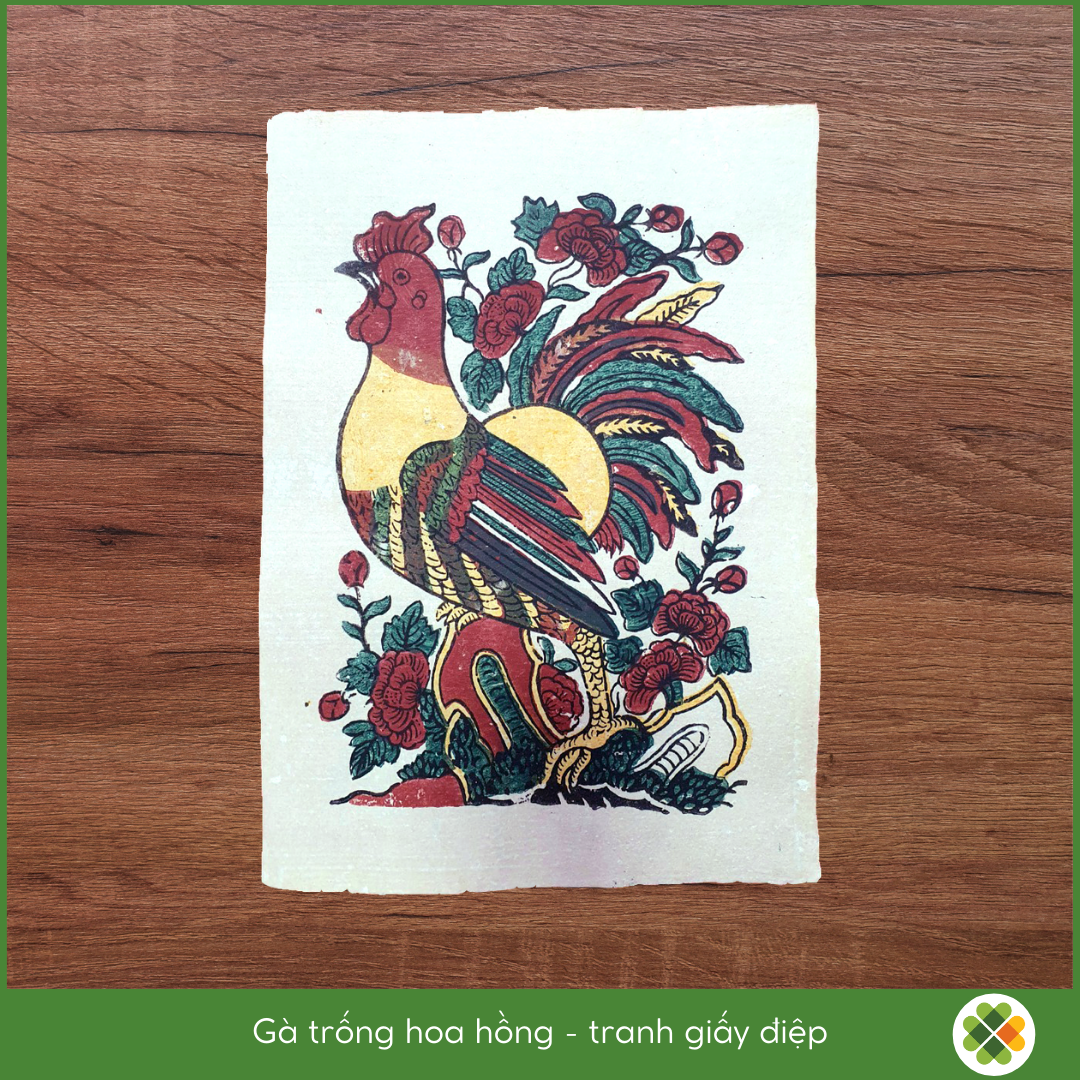 Gà trống hoa hồng - Tranh dân gian Đông Hồ