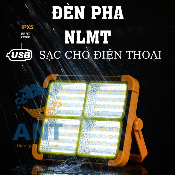 Đèn pha LED tích điện 300W, 2 nguồn sạc USB và Năng lượng mặt trời, 3 chế độ sáng và 1 chế độ khẩn cấp nháy xanh đỏ