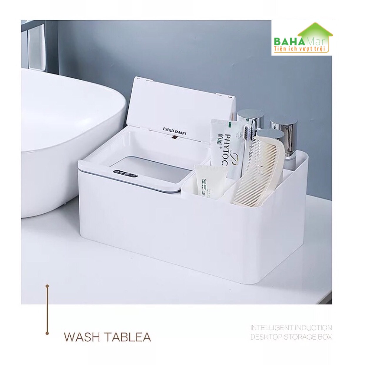 HỘP ĐỂ BÀN ĐA NĂNG CẢM ỨNG THÔNG MINH TỰ ĐỘNG BẬT MỞ NẮP "BAHAMAR" thích hợp sử dụng để nhiều thứ cho gọn gàng ngăn nắp