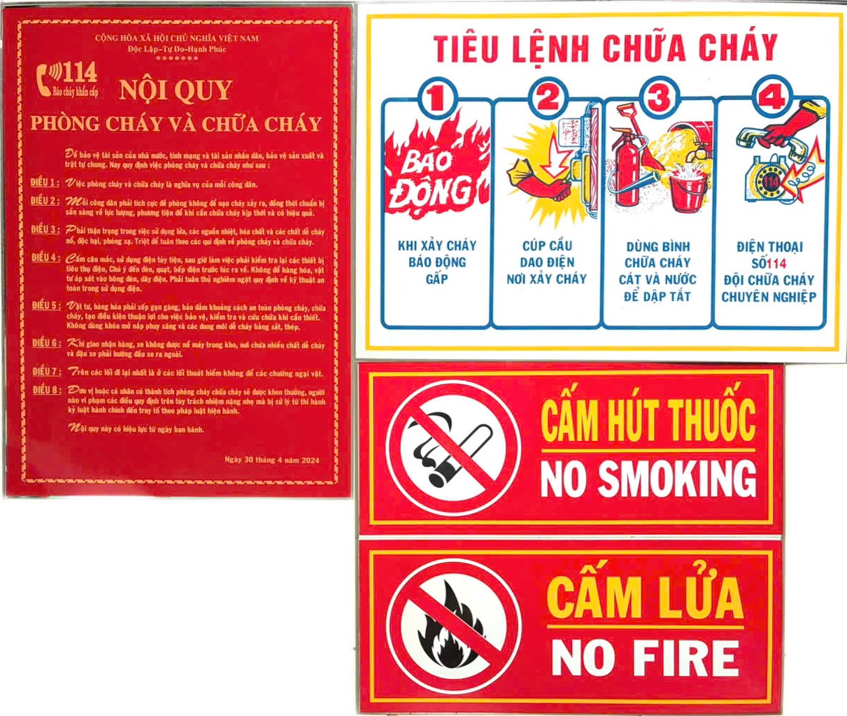 Bộ 4 bảng Chất liệu Mica gồm: Nội quy, Tiêu lệnh phòng cháy chữa cháy, Cấm lửa, Cấm thuốc