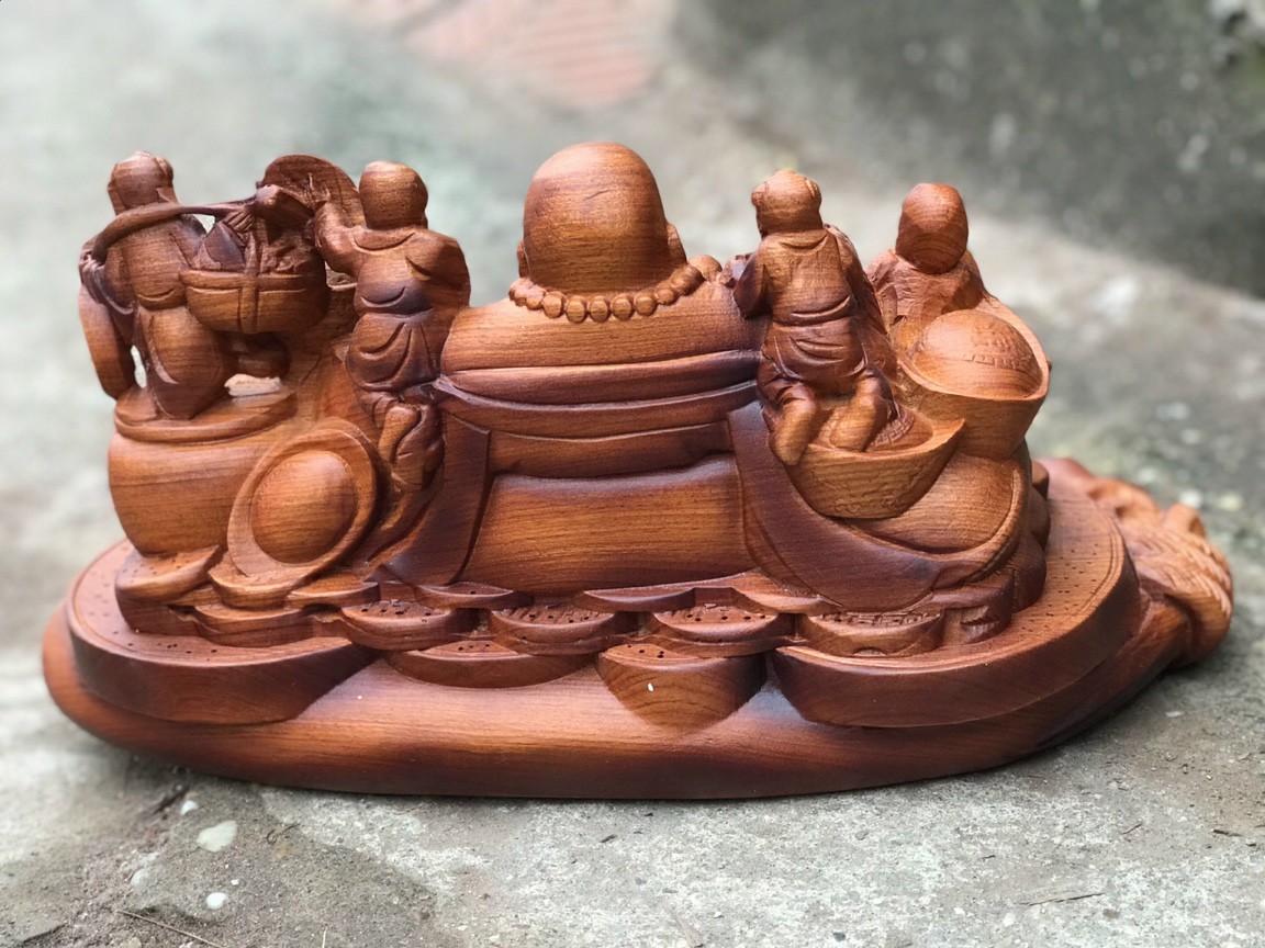 Tượng phật di lặc ngũ phúc bằng gỗ hương đá tô làm mầu giả cổ kt 40×20×20cm