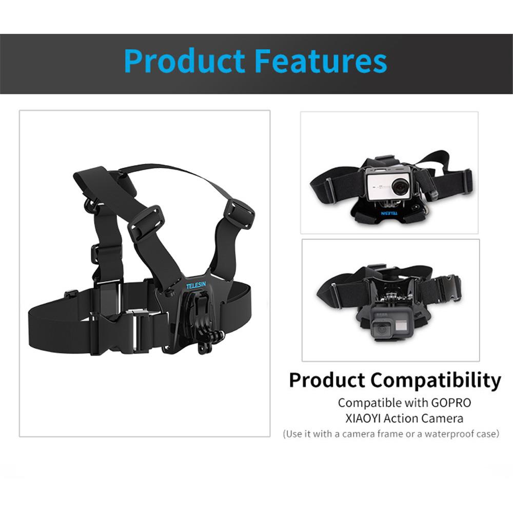 Telesin rương ngực gắn dây đai dây đai có thể điều chỉnh dây nịt cho GoPro Hero 10 9 8 7 5 Yi DJI Băng đô phụ kiện camera hành động