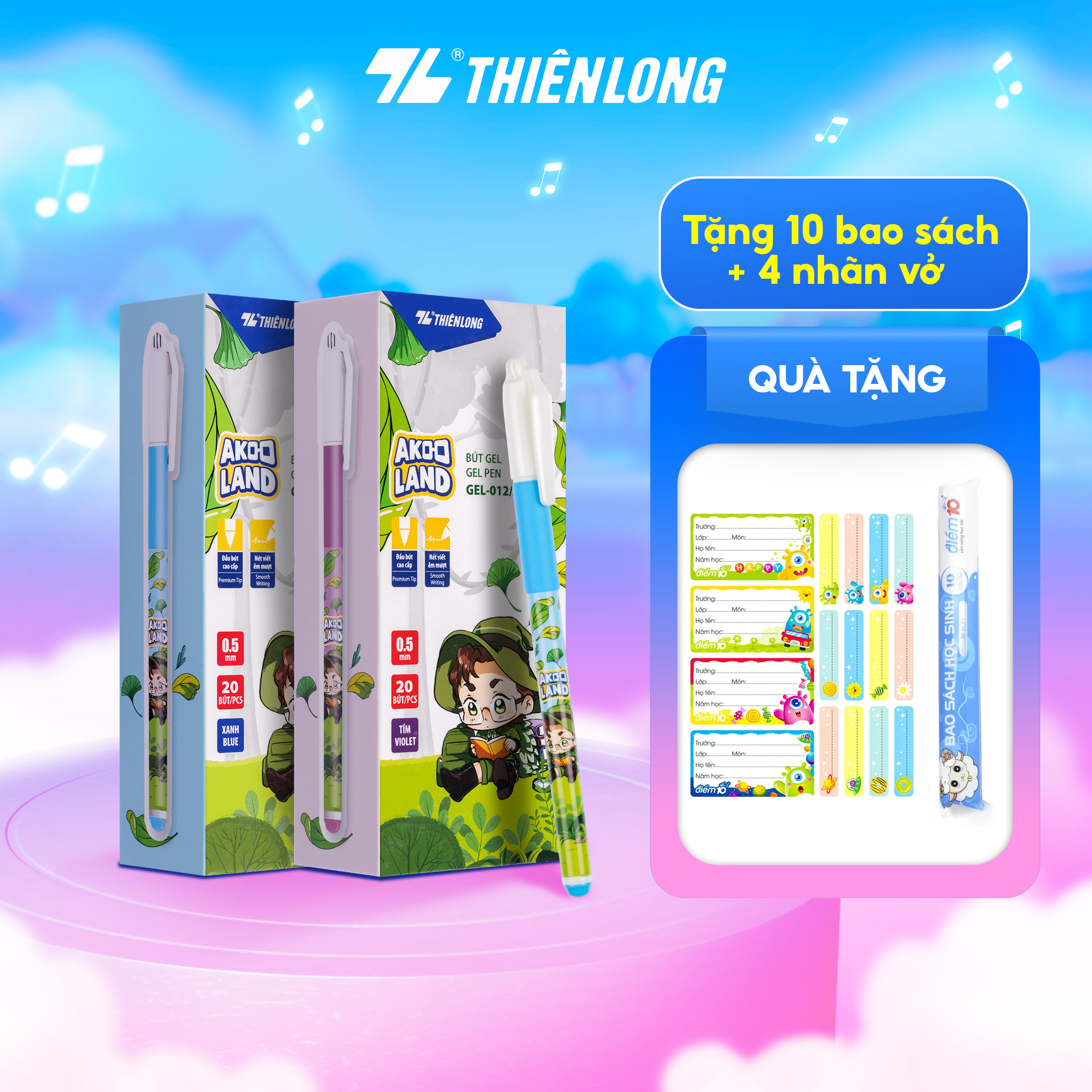 Combo 5/10/20 Bút gel Thiên Long GEL-012/AK - Nét viết 0.5mm êm mượt, đầu bút cao cấp, mực đều liên tục, nhân vật Akooland Tahi