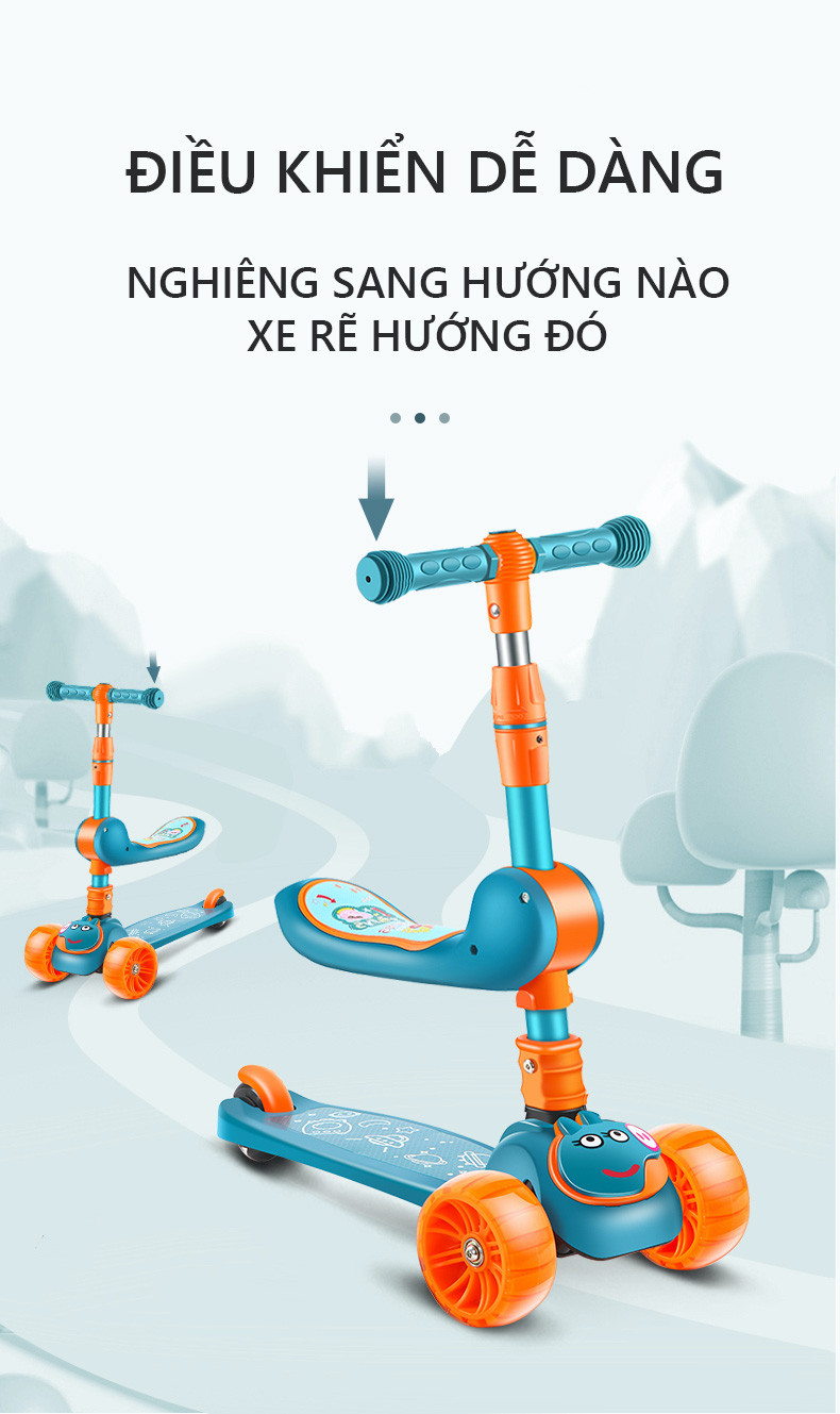 Xe Trượt Scooter Cao Cấp 3 Bánh Phát Sáng, Phát Nhạc có ghế ngồi tiện dụng cho bé 								