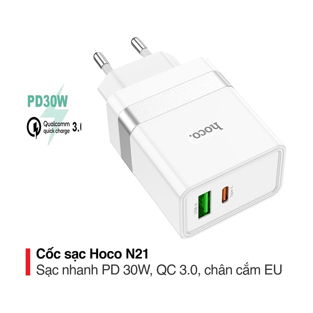 Cốc sạc PD30W Hoco N21 chân tròn cổng USB và Type-C chất liệu cao cấp chống cháy - Hàng chính hãng