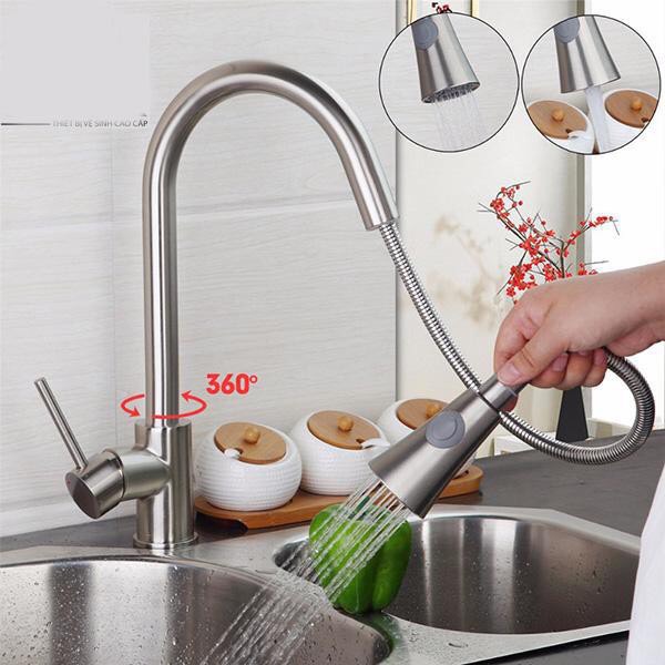 Vòi rửa bát rút dây inox 304 VRB23 - tặng đôi dây cấp nước