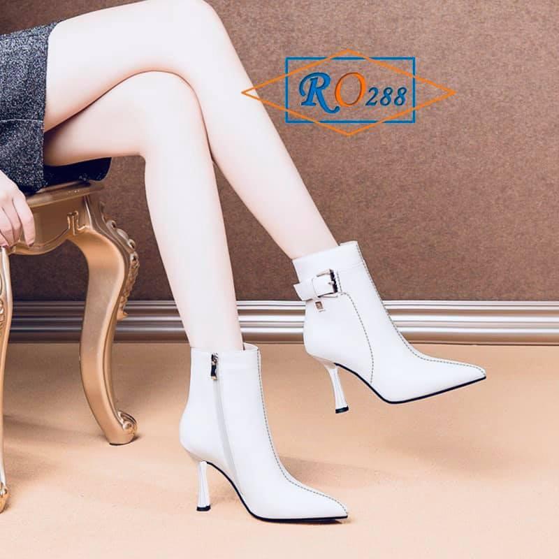 Boots thời trang nữ cổ cao, da lì cao cấp ROSATA RO288 7p gót nhọn - đen, trắng - HÀNG VIỆT NAM - BKSTORE