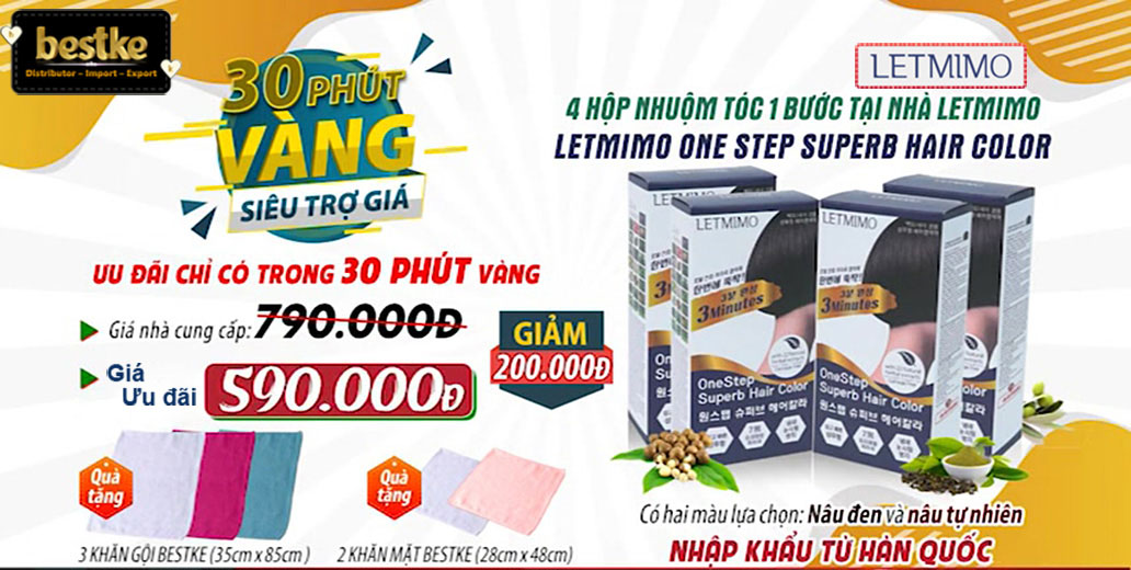 Thuốc nhuộm tóc LETMIMO Nâu đen 2N Bộ 4 hộp = 20 gói + Quà tặng 2 Khăn Gội bestke 83x33cm 100% cotton