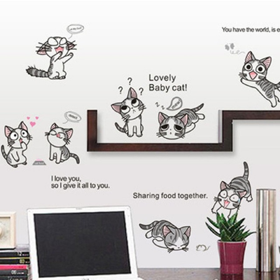 Decal dán tường trang trí phòng bé và quán coffe trà sữa mèo vui nhộn