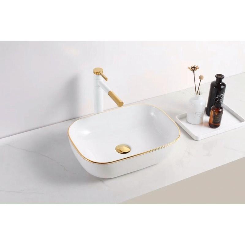 VÒI LAVABO NÓNG LẠNH TRẮNG MỎ VÀNG CAO 30CM