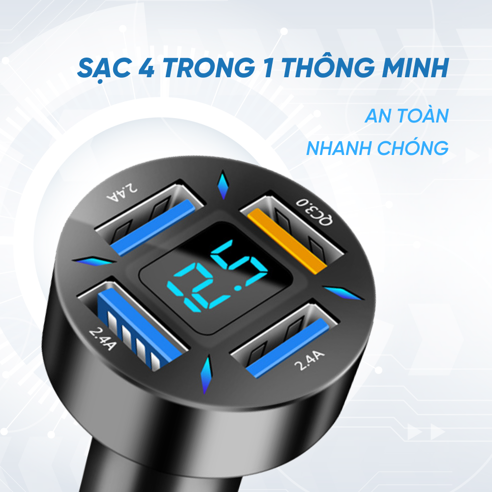 Tẩu Sạc Xe Ô Tô 4 Cổng USB Công Nghệ Sạc Nhanh QC 3.0A | Tẩu Sạc Điện Thoại Dùng Trên Xe Ô Tô 4 Cổng USB Sạc Được Nhiều Thiết Bị Cùng Lúc, Hỗ Trợ Sạc Nhanh QC 3.0A