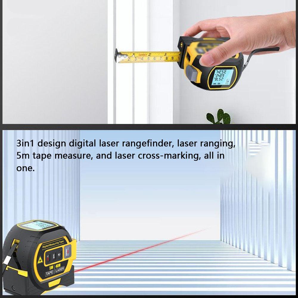 3in1 Laser Rangefinder 5m Tape Measure Ruler LCD Display with Backlight Distance Meter Building Measurement Device Area Volumes Surveying Equipment