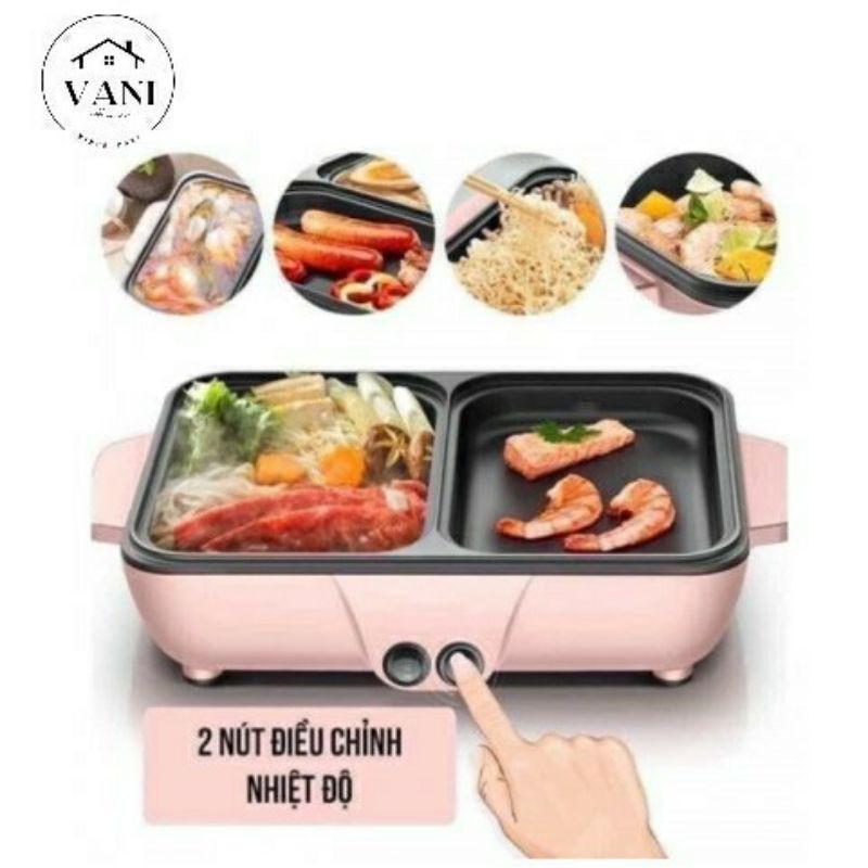 Nồi lẩu nướng tròn 2 ngăn Hàn Quốc 2in1 cao cấp - Lẩu nướng điện 2 trong 1 Thái Lan mặt đá