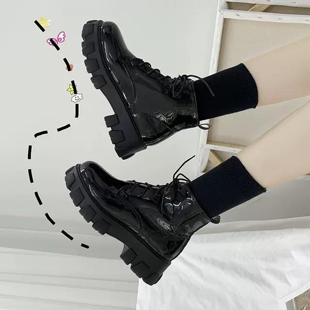 Giầy boots nữ cổ lửng phong cách Hàn Quốc da bóng, da lỳ độn đế siêu hottrend