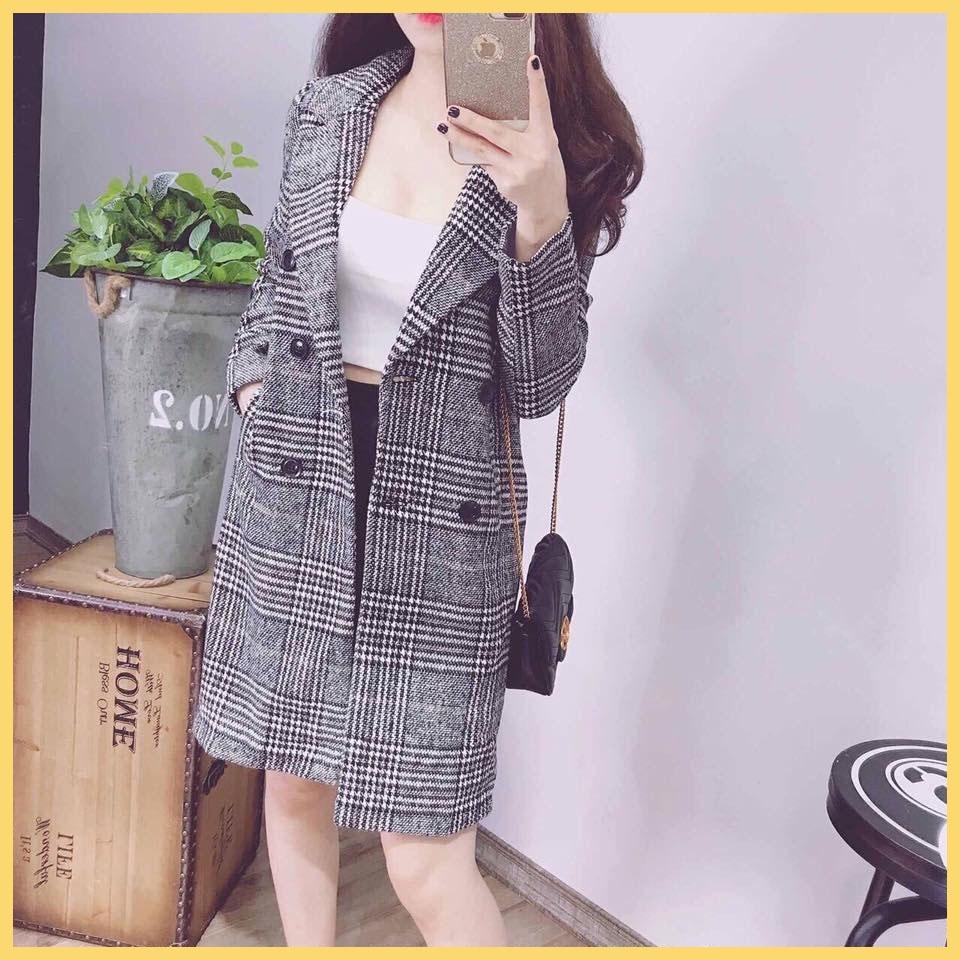 (Sẵn + Ảnh Thật) Áo dạ tweed nữ kẻ dáng dài cao cấp