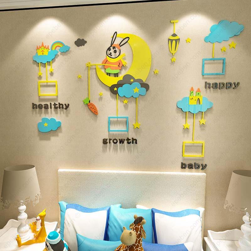 Tranh dán tường mica 3d decor khổ lớn khung ảnh trên bầu trời về đêm trang trí mầm non, mẫu giáo, phòng cho bé
