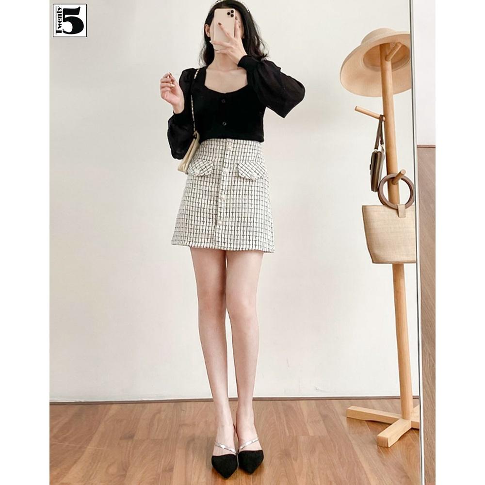 Chân váy dạ tweed chữ A cúc ngọc nắp túi giả Twentyfive 3888