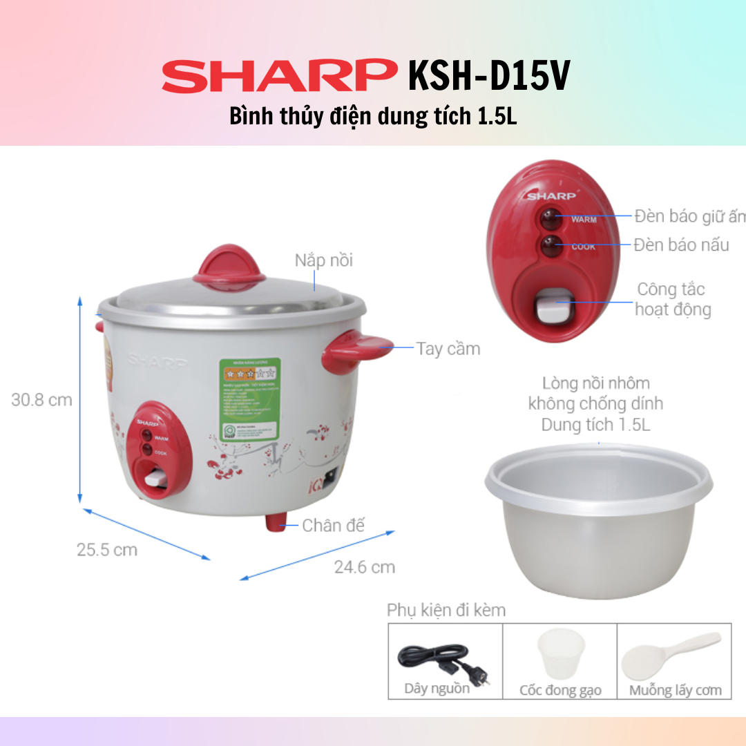 Nồi Cơm Điện Nắp Rời Sharp KSH-D15V (1.5L) - Màu Ngẫu Nhiên -  Hàng Chính Hãng