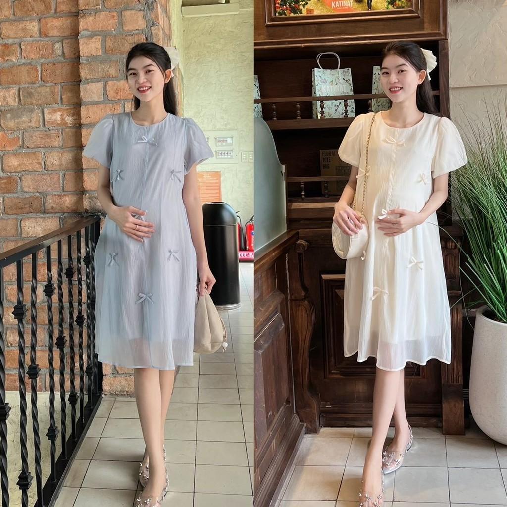 Đầm bầu tơ phom suông đính nơ nhẹ nhàng, dễ thương, sang chảnh - Hồng