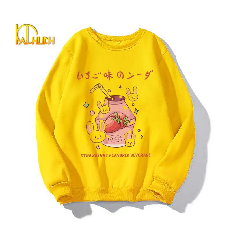 ÁO SWEATER NỈ NỮ IN STRAWBERY FLAVORED BEVERAGE KÈM CLIP THẬT ĐỦ SIZE M L XL