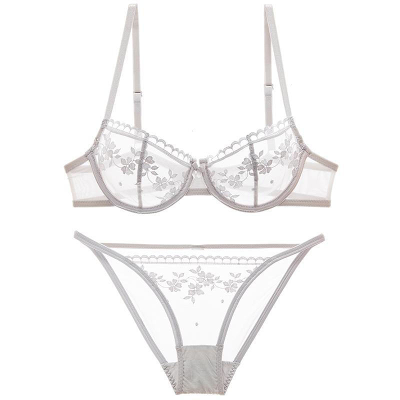 Siêu mỏng sexy quyến rũ áo lót ren và quần lót nữ thêu ren cúp ngực cỡ lớn trong suốt C D cup