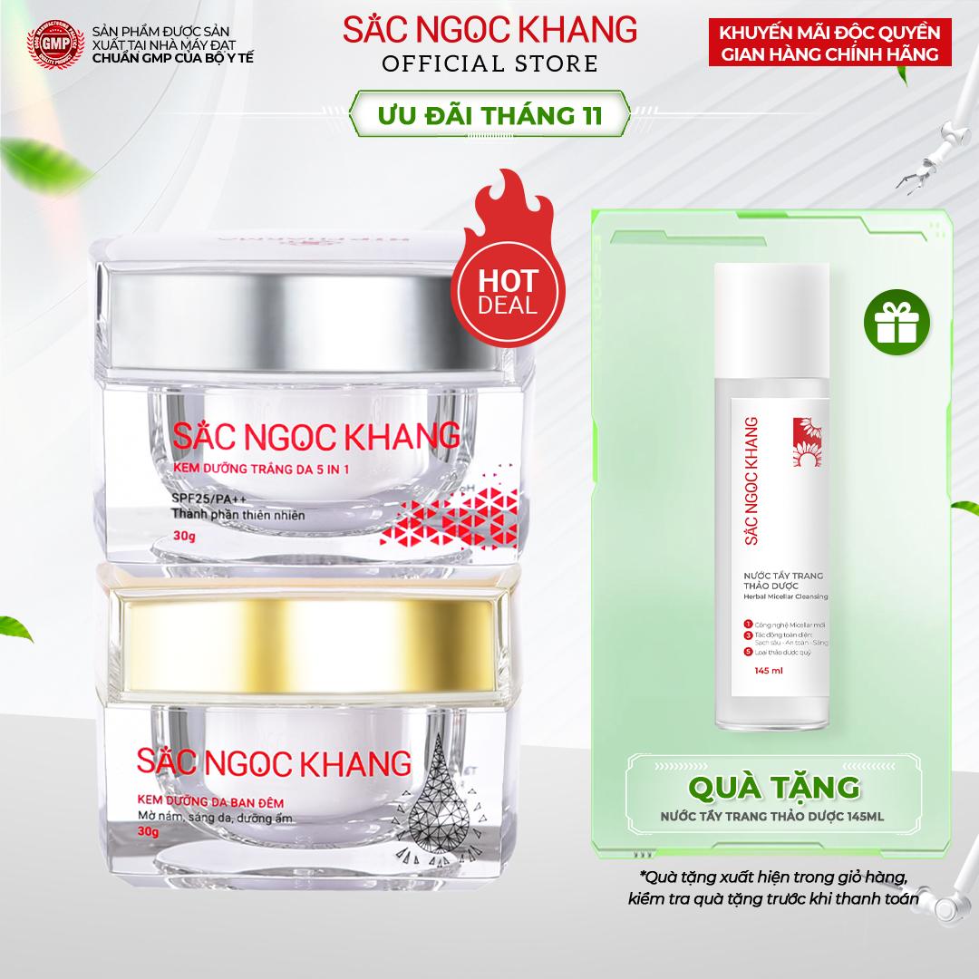 Bộ kem dưỡng ngày và đêm: Kem ban ngày 5 trong 1 (30ml) + Kem ban đêm (30g) giúp dưỡng ẩm, nâng tông, sáng da, làm mờ vết thâm, sạm, nám