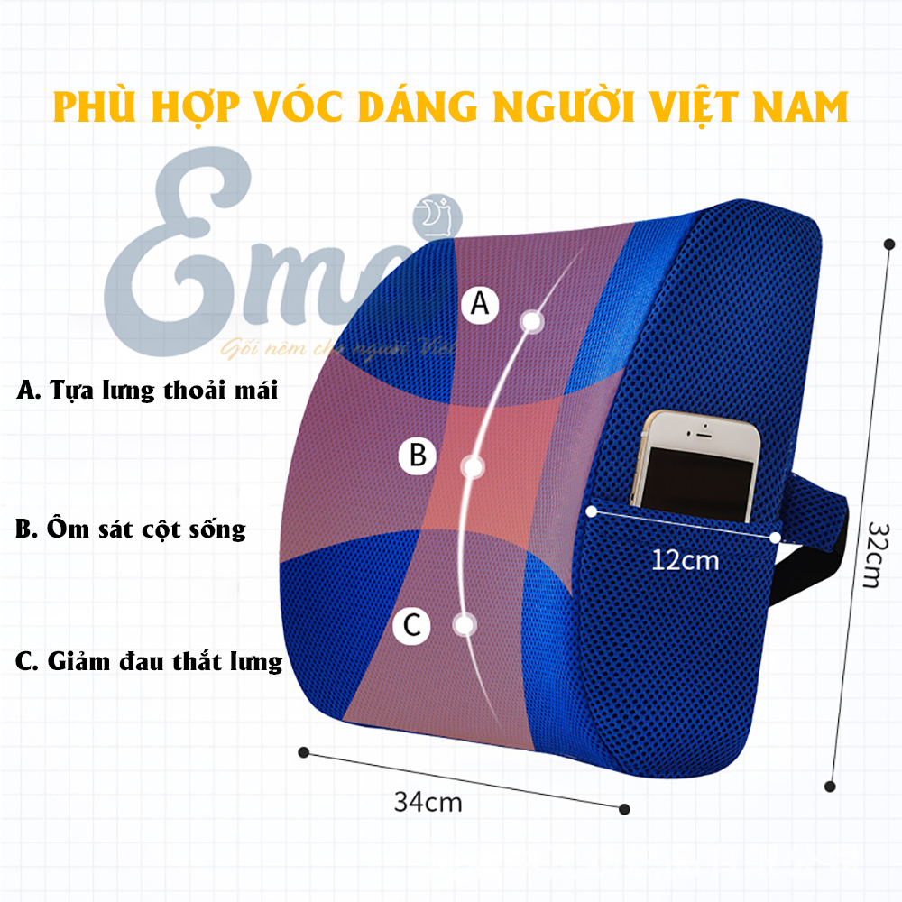 Gối tựa lưng văn phòng cao su non EMA chống đau mỏi thắt lưng cho dân văn phòng, lái xe - Giữ tư thế ngồi thẳng, giảm đau mỏi khi phải ngồi lâu - Đen lưới (không có gel lạnh)