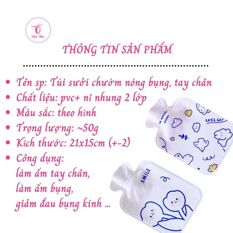 Túi sưởi chườm nóng 2 lớp siêu ấm Việt Thư giảm đau bụng kinh, sưởi ấm tay chân hiệu quả, 350ml, 50gr - Hàng Chính Hãng