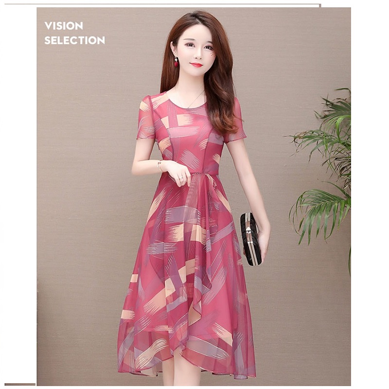Đầm xoè vintage đắp chéo sắc xuân dạo phố in 3D cao cấp