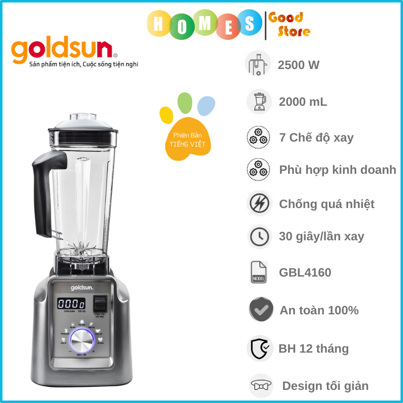 Máy Xay Sinh Tố Công Suất Cao GOLDSUN GBL4160, Thiết Kế Sang Trọng, 7 Cấp Độ Xay, Dung Tích 2L, Công Suất 2500W - Hàng Chính Hãng