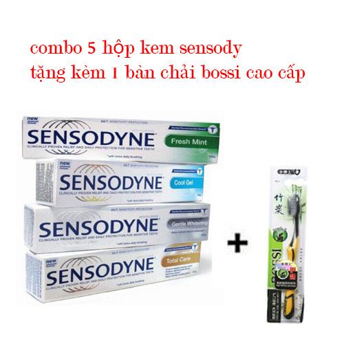 COMBO 5 tuýp kem đánh răng SENSODYNE chống ê buốt,khử mùi Tặng 1 bàn chải BOSSI CAO CẤP