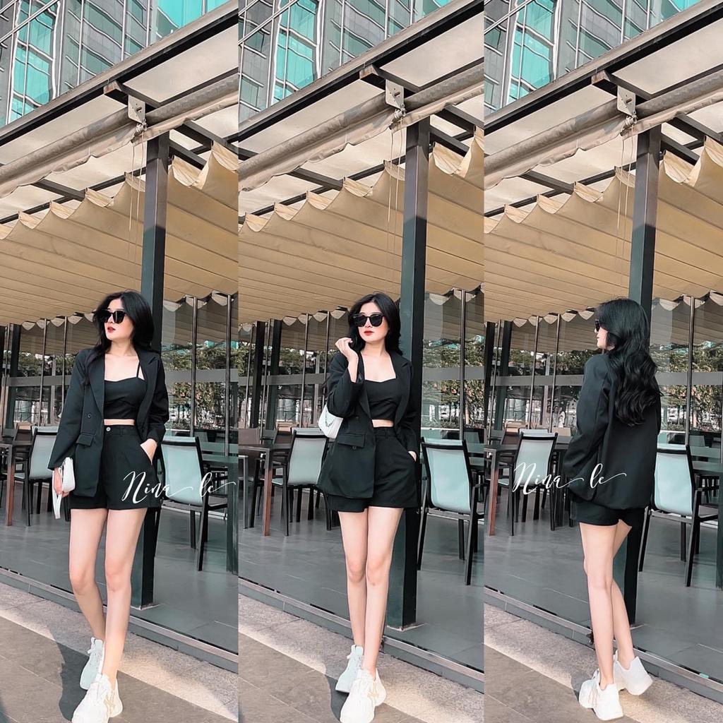 Set bộ 3 món áo croptop kèm quần đùi phối áo khoắc vest thời trang nữ sang chảnh