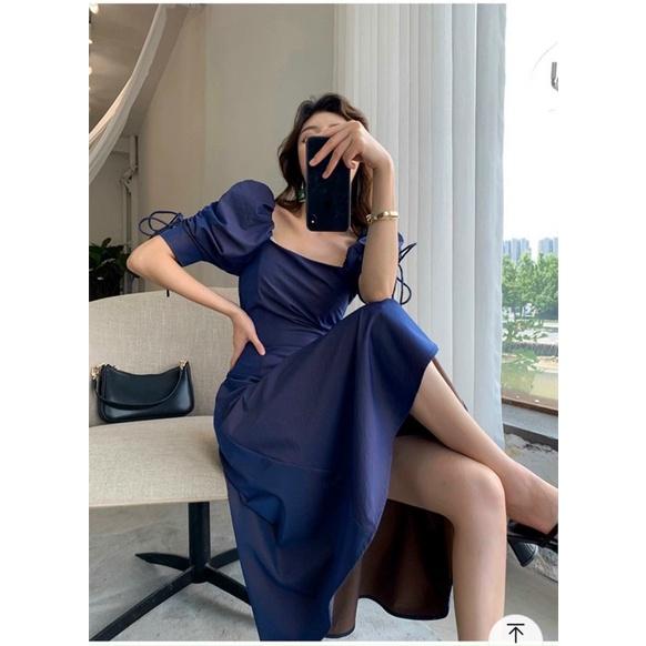Đầm midi xanh navy tay rút phồng