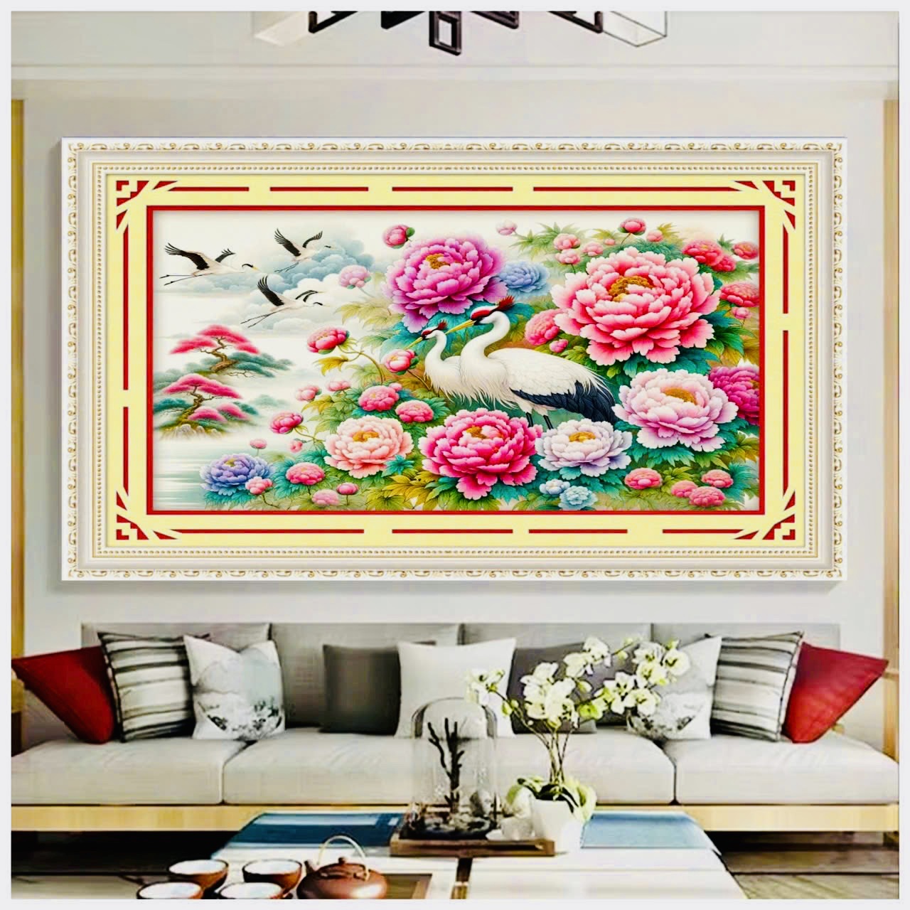 Tranh thêu kín mẫu đơn trường thọ 6273, kích thước 50 x 75 cm