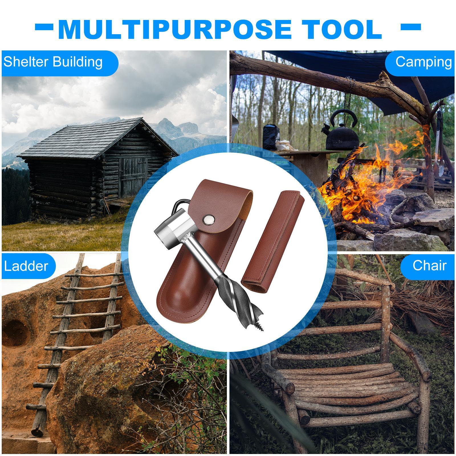 2 Piece Wood Auger Drill Bit Hand Auger Wrench with Carabiner for Bushcraft Backpack, Camping, Wood Peg, Woodworking, Emergency Tool