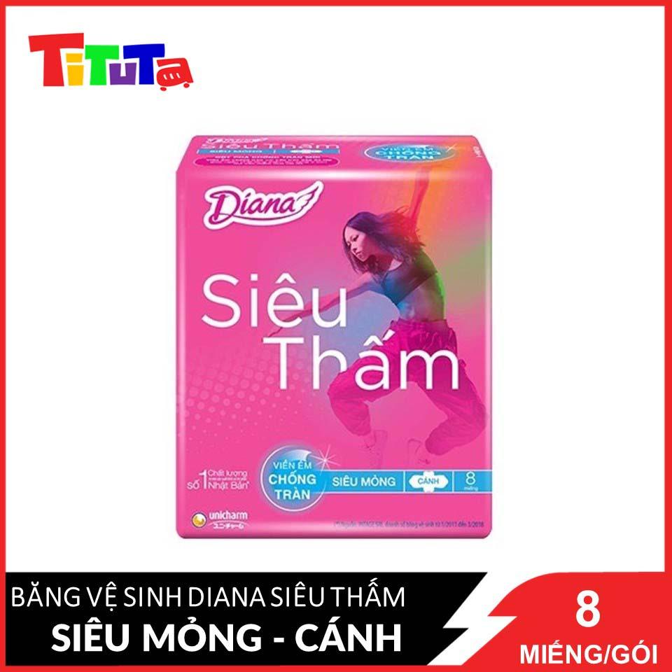 Băng Vệ Sinh Diana Siêu Thấm Siêu Mỏng Cánh 23cm (Gói 8 Miếng)