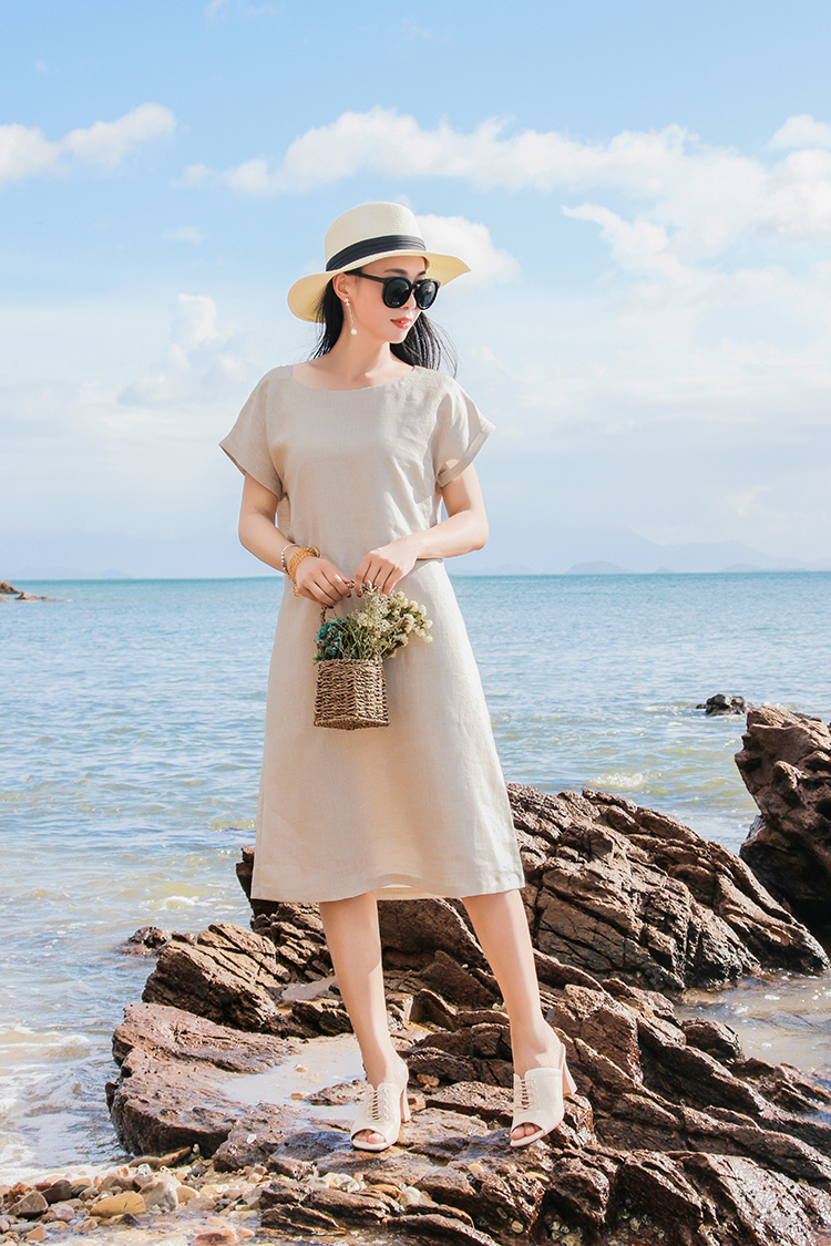 Váy linen cổ V- Đầm midi linen suông Đũi Việt [ đi biển + đi làm + đi dạo+ chất linen