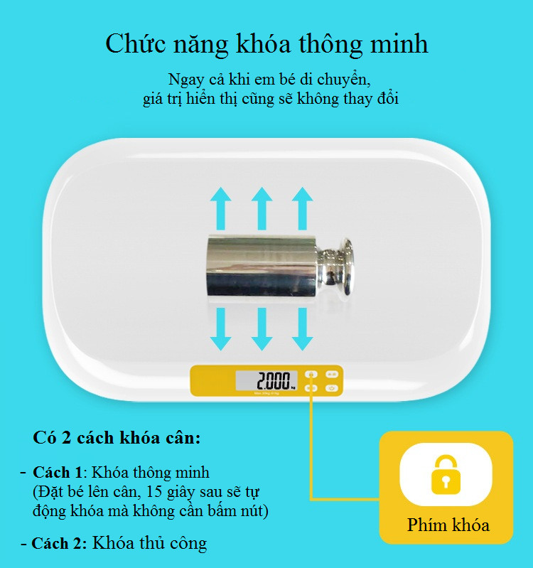 Cân sức khỏe trẻ sơ sinh phím cảm ứng tối đa 20kg chắc chắn, màn hình hiển thị rõ ràng